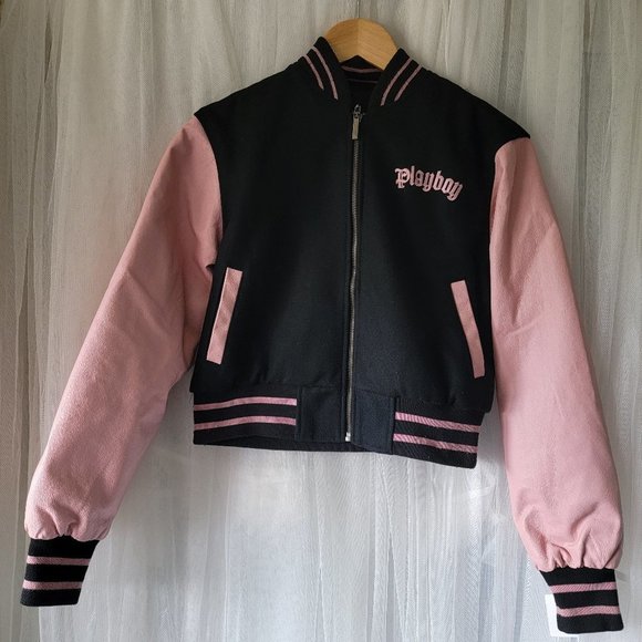VTG Y2K Genuine Leather Wool Pink Playboy Bunny Reversible Varsity Jacket - Picture 1 of 12